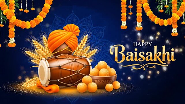 Happy Baisakhi Festival Celebration Dhol Turban Wheat Harvest Concept