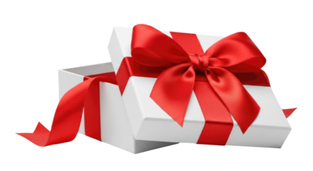 Open gift box with red ribbon transparent background cutout png