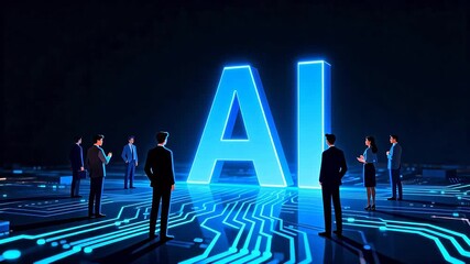 People standing before large AI letters