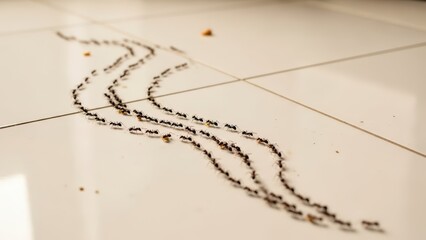 Multiple trails of tiny black ants marching across a light tiled floor, likely foraging for food crumbs.