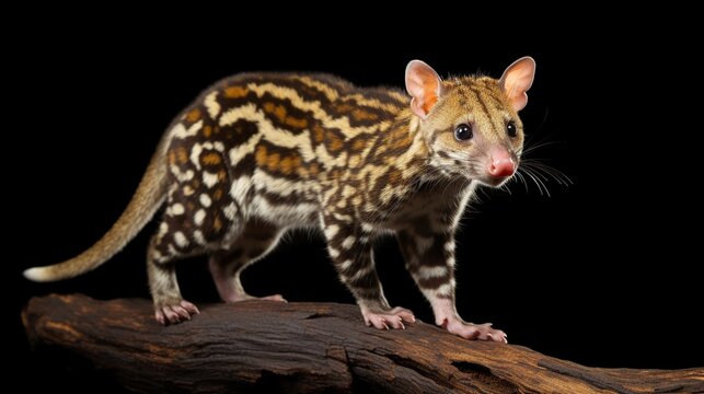 Small spotted genet perched on a weathered log against a dark, featureless background