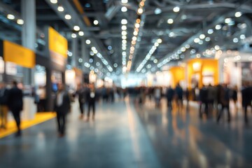 Fototapeta premium Vivid atmosphere of a bustling tradeshow event with numerous attendees navigating through blurred exhibition displays and vibrant booths