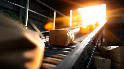 Efficient Automated Packaging System in Harsh Daylight, Back View with Glow Highlight, Minimalist Composition