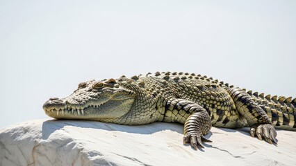 Fototapeta premium A large crocodile with visible scales and teeth resting on a white rock under a bright sky.