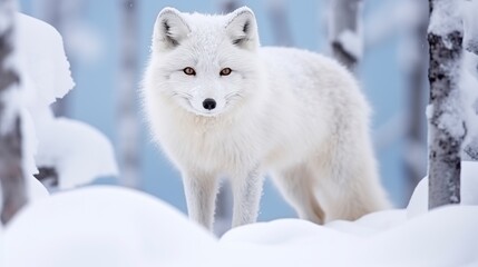Fototapeta premium Snowy White Arctic Fox Standing Alert in a Quiet Winter Wilderness Scene