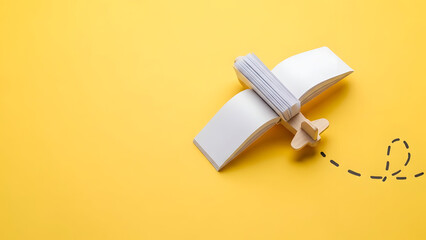 Creative handmade wooden airplane with paper wings flying on yellow background with dashed path for travel planning concept