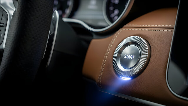 Close up detail of luxury car interior with silver engine start stop button on brown leather dashboard with blue light