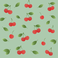 さくらんぼの北欧風パターン（グリーン）ー 赤いさくらんぼと葉を柔らかなミント地に散らしたイラストパターン。デザインペーパー、マスキングテープ、マスキングシールブック、フレークシール、クリアファイル、手帳デコ素材、ノート表紙、ハンカチ、ミニタオル、箸、マグカップ、皿、キッチンクロス、キッチン雑貨、ポーチ等に最適。