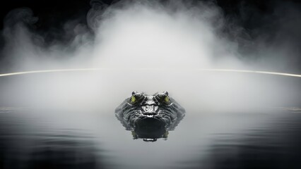 A futuristic, metallic creature-like object emerges from dark water amidst dramatic smoke and light.