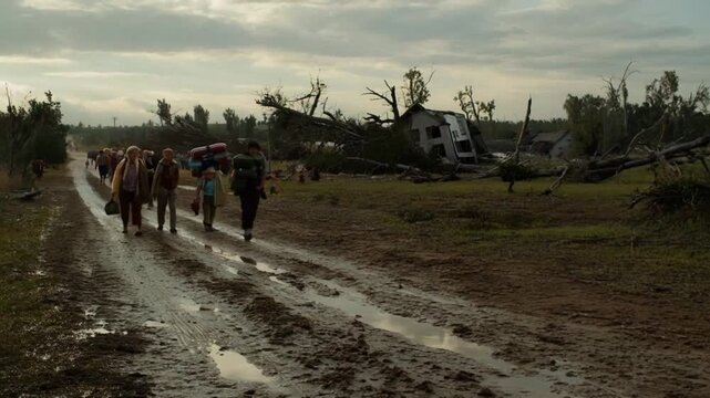 Displaced Families Walking Through Flood-Affected Rural Area After Disaster