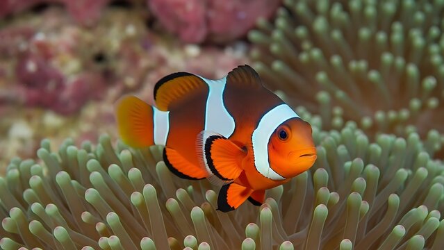 A vibrant orange clownfish swims near a protective anemone on a tropical coral reef, showcasing marine nature and colorful underwater life in a pristine ocean aquarium or scuba diving setting