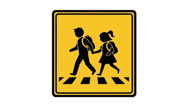 Graphic illustration of a school crossing sign with a child and adult walking
