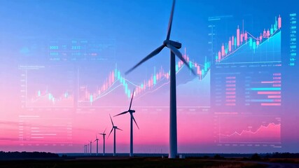 Wind turbines with financial charts overlay - Powered by Adobe