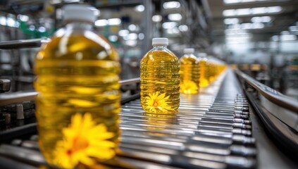 Naklejka premium Golden Sunflower Oil Bottles with Petals on Automated Factory Conveyor Belt Production Line.