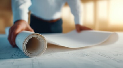 A person rolls out architectural blueprints on a table, highlighting design plans in a well-lit workspace with a focus on construction.
