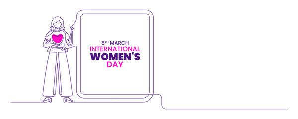 Elegant continuous line art of happy young woman standing with womens day typography design