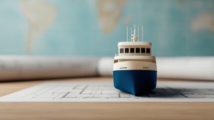 A model ship rests on blueprints against a map backdrop, symbolizing maritime design and exploration.