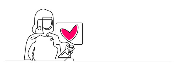 Minimal line art illustration of joyful young woman holding heart love symbol vector design