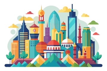 Fototapeta premium Colorful Cityscape Banner. Urban Skyline with Modern and Traditional Architecture.