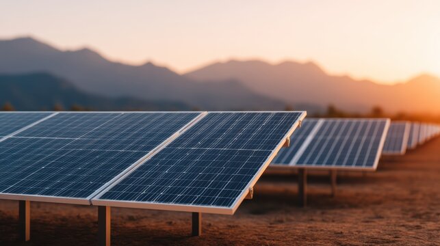 A serene landscape featuring solar panels in a field, with mountains in the background and a warm sunset, highlighting renewable energy.
