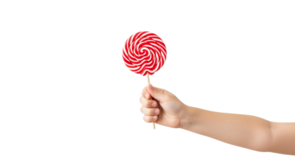 A person's hand, against a solid black background, delicately holds a round lollipop with a red and white spiral design. The image is clean and simple