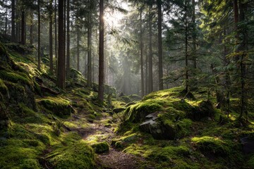 Obraz premium Sunlight filters through a beautiful forest showcasing moss-covered soil and vibrant greenery in a serene natural setting during daylight hours