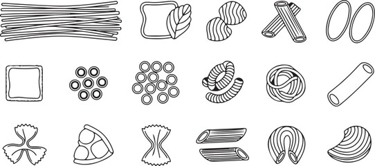 Collection of Hand Drawn Italian Pasta Shapes and Types Keywords: pasta, spaghetti, macaroni, penne, farfalle