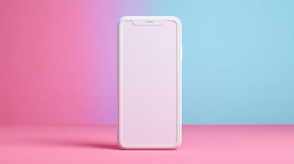A modern smartphone sits against a pink and blue gradient background, showcasing a minimalist design with a blank screen.