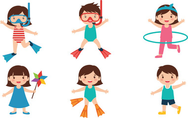 Cute kids summer activities cartoon vector illustration set with swimming snorkeling hula hoop and beach play © Sumon Creative