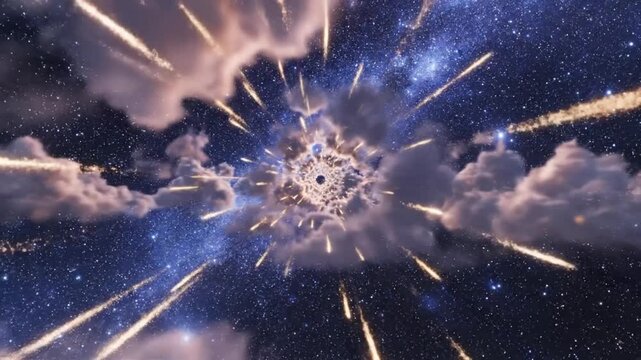  Cinematic night flight animation flying through a glowing tunnel formed by stars and clouds, deep blue night sky, soft light trails, smooth forward motion, seamless loop, dreamy atmospheric mood