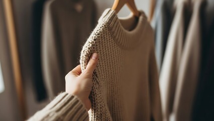 Hand holding beige knitted sweater on hanger.