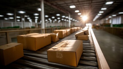 Innovative Sensor-Equipped Autonomous Machine Sorting Products in Warehouse with Softbox Lighting, Back View, Leading Lines