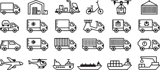 Collection of outline icons representing various modes of transportation and logistics Keywords: truck, delivery
