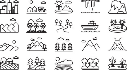 Collection of stylized landscape and nature icons in a linear design city village