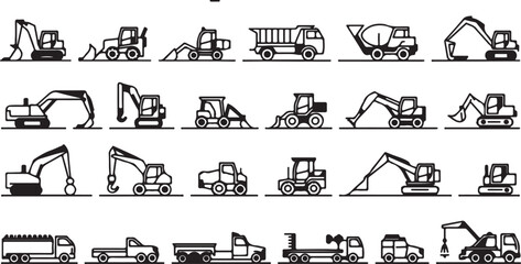 Construction and Heavy Machinery Icons Set with Excavators and Trucks construction icons