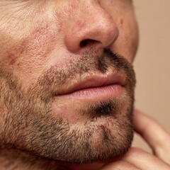 Obraz premium A man's skin after shaving shows redness and irritation; a natural skin appearance, ideal for advertising men's aftershave products, cosmeceuticals, and grooming brands focusing on sensitive skin.