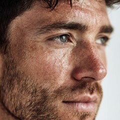 Obraz premium A man's skin after shaving shows redness and irritation; a natural skin appearance, ideal for advertising men's aftershave products, cosmeceuticals, and grooming brands focusing on sensitive skin.