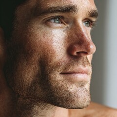 Obraz premium A man's skin after shaving shows redness and irritation; a natural skin appearance, ideal for advertising men's aftershave products, cosmeceuticals, and grooming brands focusing on sensitive skin.