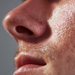 Fototapeta premium A man's skin after shaving shows redness and irritation; a natural skin appearance, ideal for advertising men's aftershave products, cosmeceuticals, and grooming brands focusing on sensitive skin.