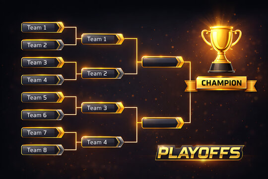 A playoff bracket with teams competing for the championship trophy
