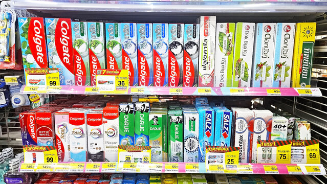 Toothpaste Display: A vibrant display of toothpastes, offering a variety of dental hygiene products for a clean and healthy smile, arranged neatly on store shelves. Thailand, January 2, 2026