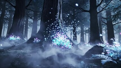 Dark forest at night illuminated by magical glowing light, tall trees fading into shadows, mystical atmosphere, soft fog, cinematic fantasy mood - Powered by Adobe