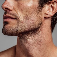 Obraz premium A man's skin after shaving shows redness and irritation; a natural skin appearance, ideal for advertising men's aftershave products, cosmeceuticals, and grooming brands focusing on sensitive skin.