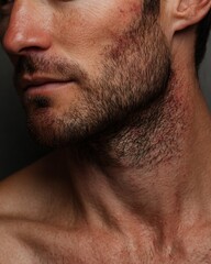 Obraz premium A man's skin after shaving shows redness and irritation; a natural skin appearance, ideal for advertising men's aftershave products, cosmeceuticals, and grooming brands focusing on sensitive skin.