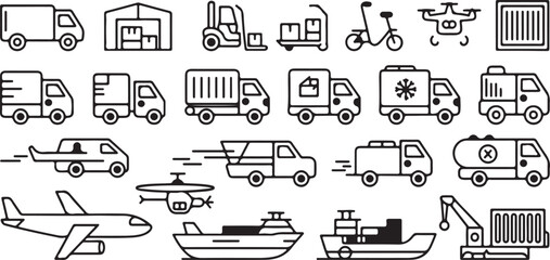 Diverse outline icons showcasing transportation and logistics vehicles and equipment Keywords: truck, delivery truck