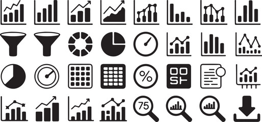 Diverse Set of Business and Data Analysis Icons in Black Outline graph chart