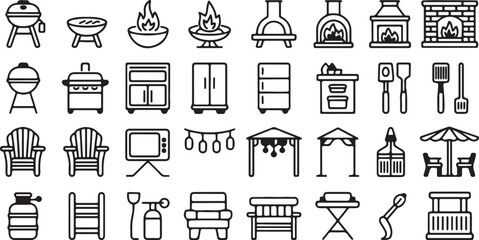 Diverse Collection of Outdoor Grilling Equipment, Patio Furniture, and Backyard Essentials Line Icons for Summer Gatherings and Relaxation