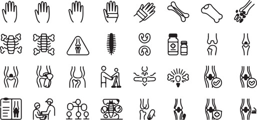 Orthopedic and anatomical line icons representing human bones, joints, and hands, depicting various medical conditions for healthcare and wellness themes