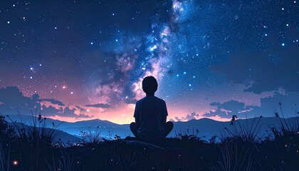 a person sitting on a hill under a vibrant galaxy at sunset