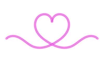 Vibrant pink neon heart with elegant swirls glowing brightly against a transparent background